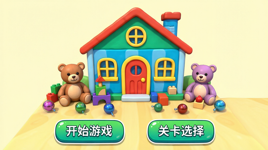 游戏主界面展示图,画面中央是色彩缤纷的玩具屋场景,散落着玩具熊、积木、弹珠等物品,界面下方有“开始游戏”和“关卡选择”按钮,整体UI风格卡通可爱,布局清晰,画质高清,干净无多余元素,风格明亮活泼
