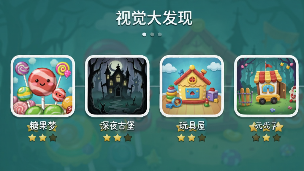 《视觉大发现》游戏关卡选择界面,以横向卷轴形式展示多个缩略图关卡,包括“糖果梦”、“深夜古堡”、“玩具屋”等,每个图标下方有星星评级,界面设计简洁,画质干净,无多余元素,风格清新