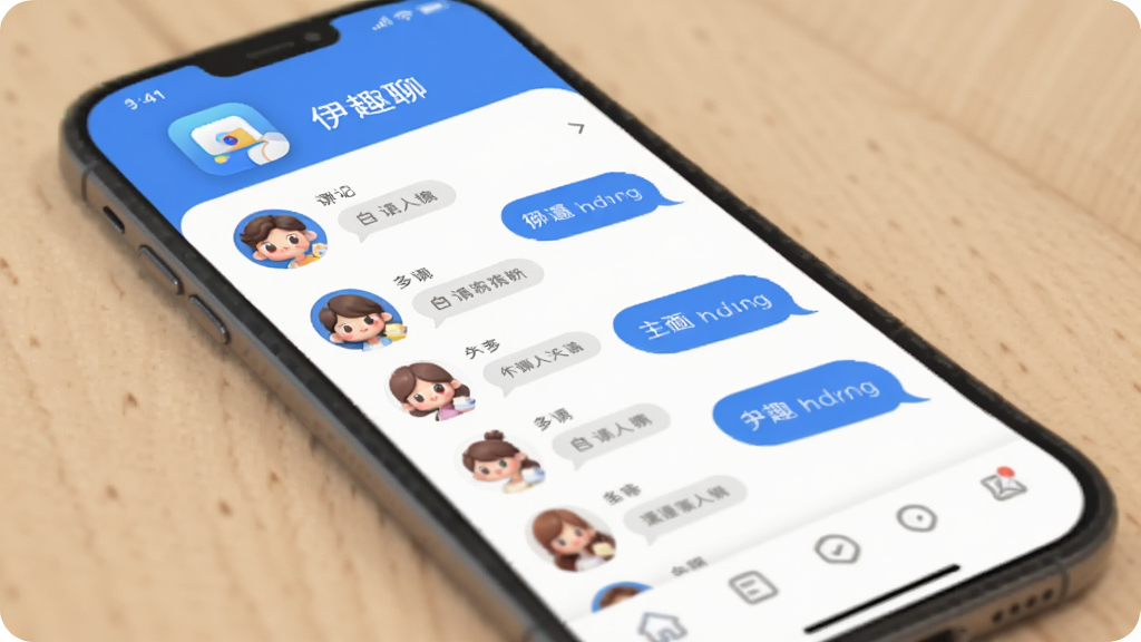 伊趣聊主界面预览图,展示应用图标、聊天列表和底部导航栏,整体风格清新简约,以蓝白为主色调,界面布局清晰,人物头像圆润可爱,对话气泡圆角设计,画质干净,无多余元素