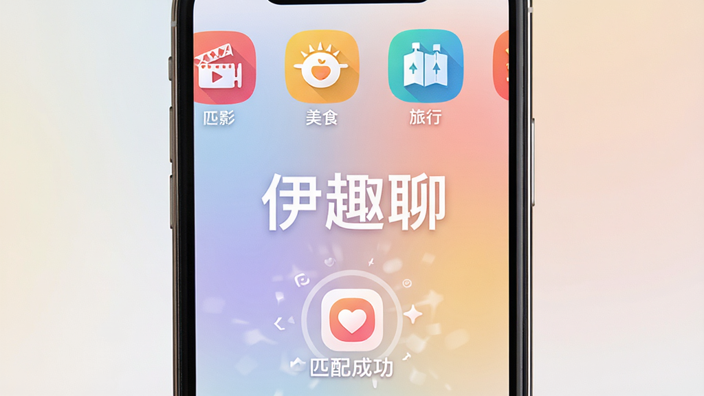 伊趣聊兴趣匹配功能预览图,手机屏幕展示兴趣标签选择界面,包含多个彩色图标如电影、美食、旅行,背景为柔和渐变,中心位置显示“伊趣聊”三个字,下方有匹配成功动画效果,画面明亮清晰,排版整洁,画质细腻,无多余元素