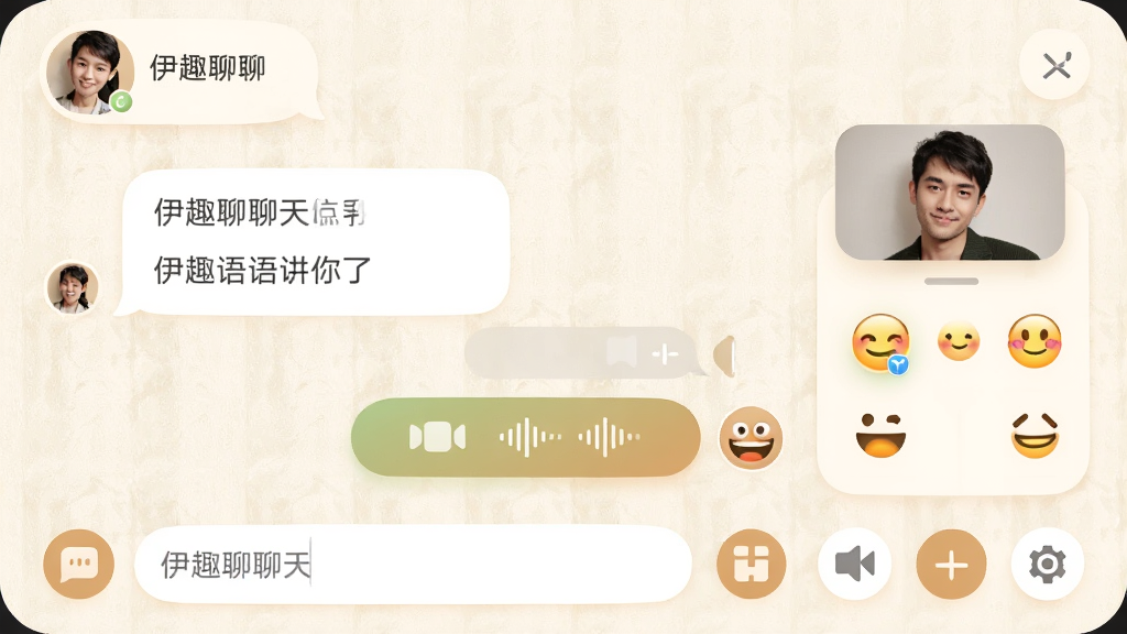 伊趣聊聊天界面预览图,展示语音消息、视频通话按钮和表情面板,聊天背景为浅色纹理,气泡内包含文字和语音条,顶部显示对方头像和昵称,底部为输入框与功能图标,整体UI设计圆润时尚,色彩温馨,画质清晰,无多余元素