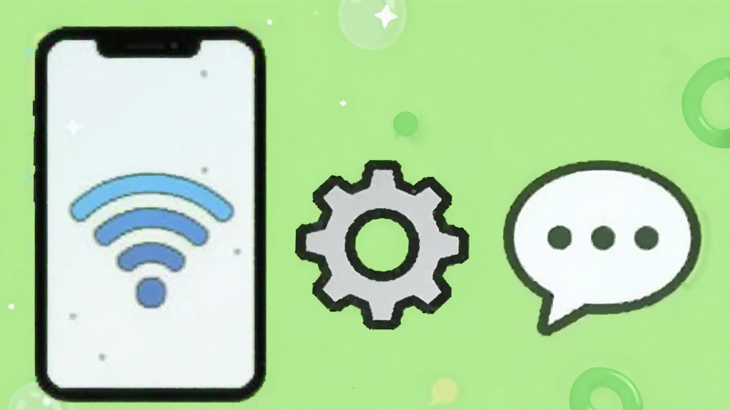 伊趣聊使用指南示意图,手机连接WiFi图标,旁边有设置齿轮和聊天气泡,背景为浅绿色,整体风格清新,构图简洁,画质清晰,无多余元素