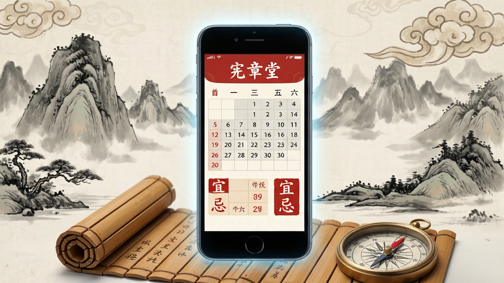主体为一部正在发光的老式智能手机,屏幕界面显示“宪章堂”应用,背景是古风山水画与祥云纹理,整体布局采用居中构图,手机下方有展开的竹简与罗盘,风格融合古典水墨与现代科技感,细节包含屏幕上的日历格子和“宜忌”红色字样,画质高清干净,无多余元素。