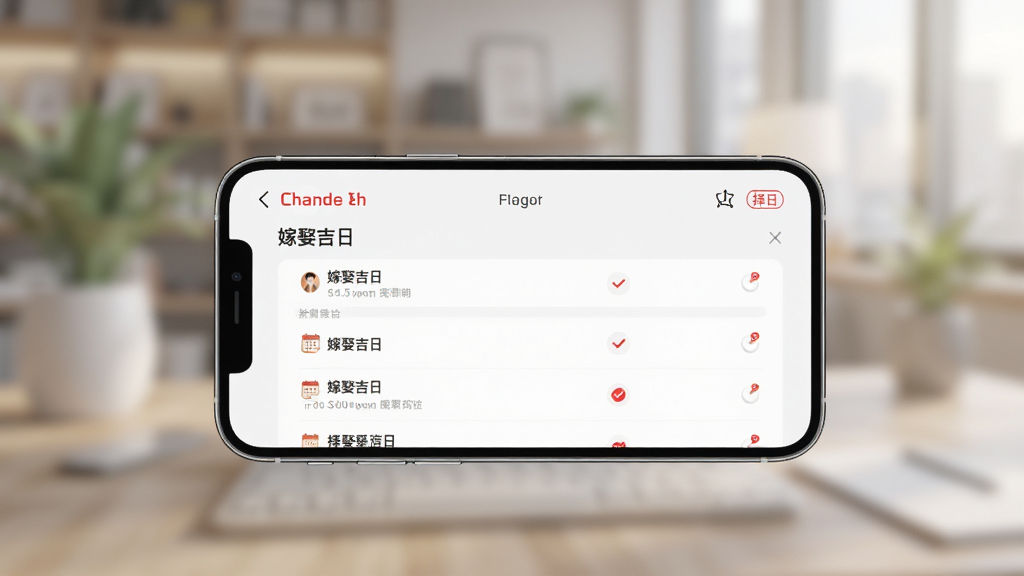 主体是手机横屏展示“宪章堂”应用内的“择日”功能界面,背景虚化,布局为手机居中,屏幕内容清晰可见,显示“嫁娶吉日”列表,风格简约现代,细节有红色对勾标记,画质干净无多余元素。