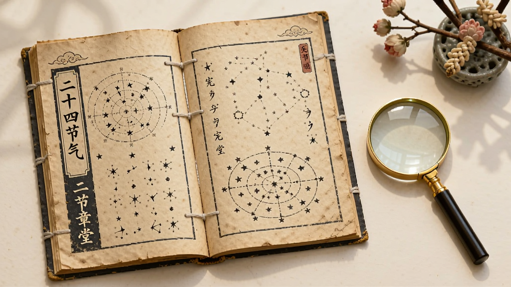 主体是一本翻开的古朴线装书,书页上图文并茂地展示着“宪章堂”的节气知识与神煞图解,旁边配有一个放大镜,布局为书本居左、装饰物居右的对称构图,风格带有古风插画感,细节包含“二十四节气”字样和星宿图,画质柔和干净,无多余元素。