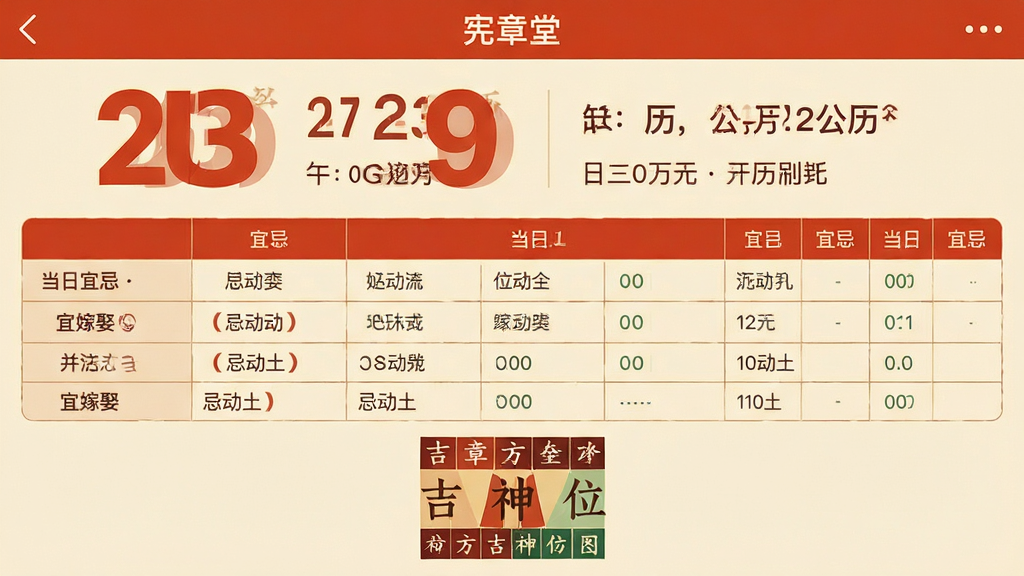 主体是“宪章堂”应用的日历详情页截图布局,上方显示巨大的农历日期与公历日期,中间以表格形式罗列当日宜忌,底部有吉神方位图,排版清晰有序,风格扁平化设计,配色以朱红与米黄为主,细节突出“宜嫁娶”、“忌动土”等字样,画质锐利干净,无多余元素。