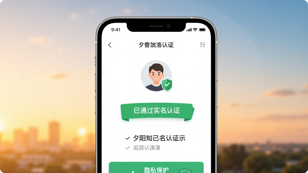 夕阳知己实名认证功能演示图,主体为手机端认证页面,页面有清晰的“已通过实名认证”绿色标识,布局居中,排版专业,风格简洁明亮,细节包括用户头像和隐私保护盾牌图标,画质清晰干净,无多余元素