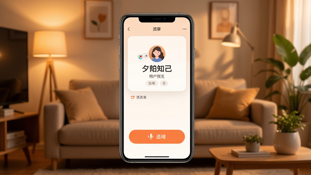 夕阳知己app界面预览图,主体为手机屏幕展示,屏幕内显示大字体的用户资料卡片和清晰的语音消息按钮,背景为温馨的暖色调客厅环境,布局居中,排版简洁,风格写实温暖,细节包括柔和的灯光和绿植点缀,画质清晰干净,无多余元素
