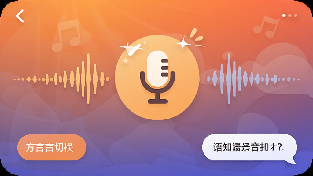 夕阳知己语音聊天功能界面图,主体为聊天窗口,显示大大的麦克风图标和语音波形,布局居中,排版友好,风格活泼温暖,细节包括方言切换按钮和语音转文字气泡,画质清晰干净,无多余元素