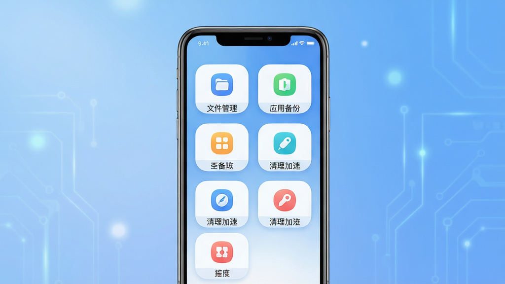 主体为猪猪工坊软件主界面截图风格图片,画面中央展示手机屏幕,屏幕内显示猪猪工坊的简洁功能图标排列,包括文件管理、应用备份、清理加速等模块。布局采用居中构图,手机屏幕占比约70%,背景为柔和的渐变色科技蓝。排版清晰,功能图标采用圆角矩形设计,每个图标下方配有中文标签,整体风格简约现代,细节处理精致,画质高清干净,无多余元素。