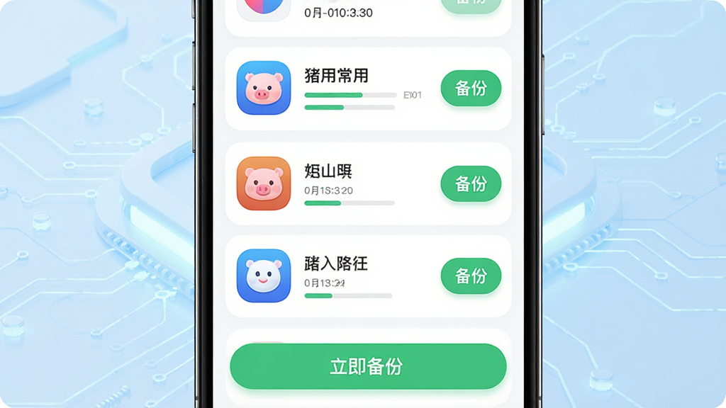 主体为猪猪工坊应用备份功能示意图,画面展示手机屏幕内备份列表,列出几个常用应用图标,每个图标右侧有备份按钮,底部有“立即备份”按钮。布局采用左右结构,手机居中,背景为淡蓝色科技感背景。排版清晰,应用图标为彩色圆形,备份按钮为绿色,整体风格干净现代,细节包含进度条与时间戳,画质高清无冗余元素。