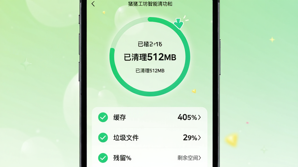 主体为猪猪工坊智能清理加速功能界面,画面展示手机屏幕内清理进度环,显示“已清理512MB”字样,下方列出缓存、垃圾文件、残留等清理项,每个项目前有绿色勾选标志。布局采用中心构图,手机居中,背景为浅绿色渐变。排版简洁,数字突出,整体风格活泼明快,细节包含百分比与剩余空间提示,画质干净无多余元素。