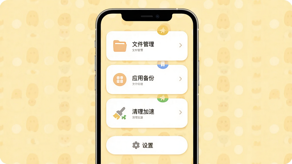 主体为猪猪工坊使用指南示意图,画面展示手机屏幕内主界面,上方有“文件管理”、“应用备份”、“清理加速”三个功能卡片,下方有“设置”按钮。布局采用三分栏结构,手机居中,背景为淡黄色柔和色调。排版清晰,卡片为白色圆角设计,细节包含功能图标与文字,整体风格温暖简洁,画质干净无多余元素。