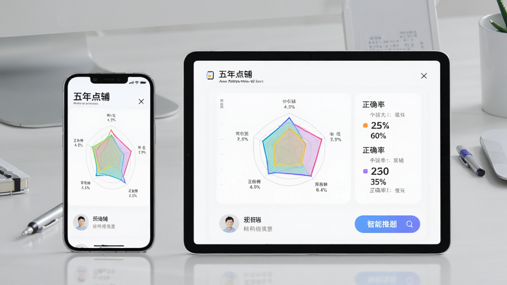 手机与平板并排展示“五年点辅”的学情报告界面,屏幕上显示彩色雷达图和各科正确率百分比,旁边有“智能推题”按钮,背景为简洁办公桌,浅灰色调,现代简约风格,画质清晰,重点突出