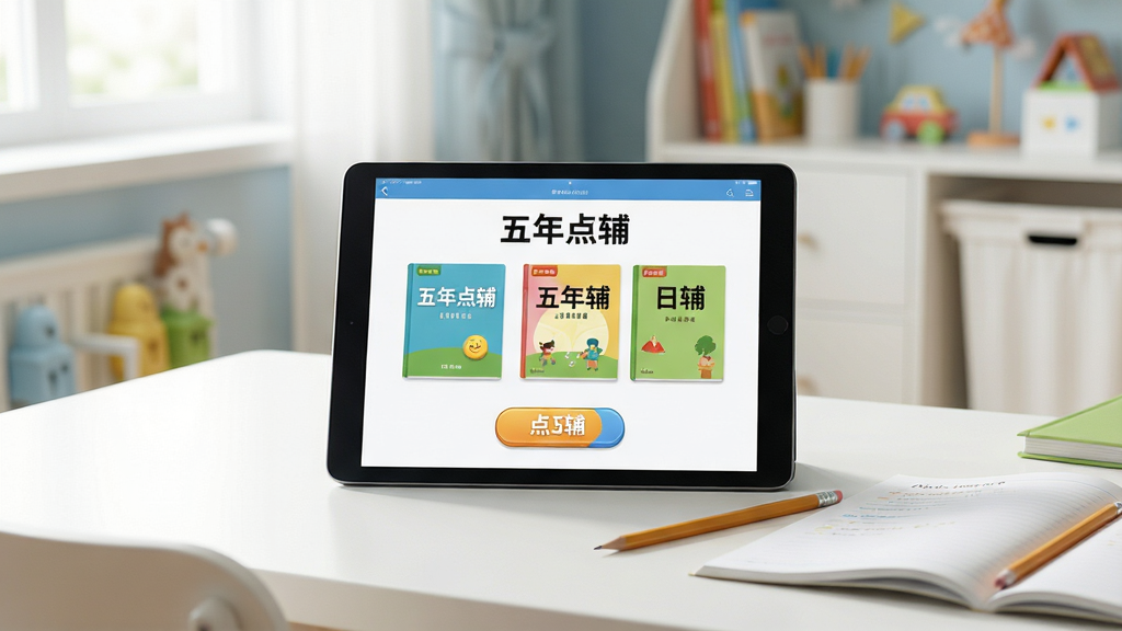 一张明亮的书桌特写,桌面上摆放着平板电脑,屏幕显示“五年点辅”学习软件界面,界面中有彩色课本封面和点读按钮,旁边放着铅笔和作业本,背景是整洁的儿童书房,柔和自然光,画面清晰干净,无多余元素,画质高清