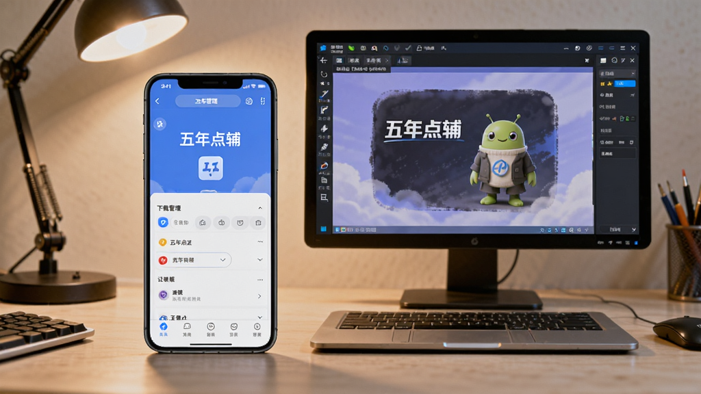 一部手机和一台电脑并排摆放,手机屏幕显示“五年点辅”的下载管理页面,电脑屏幕显示安卓模拟器运行“五年点辅”的界面,背景为简约工作台,暖色调灯光,细节清晰,风格写实,画质高清