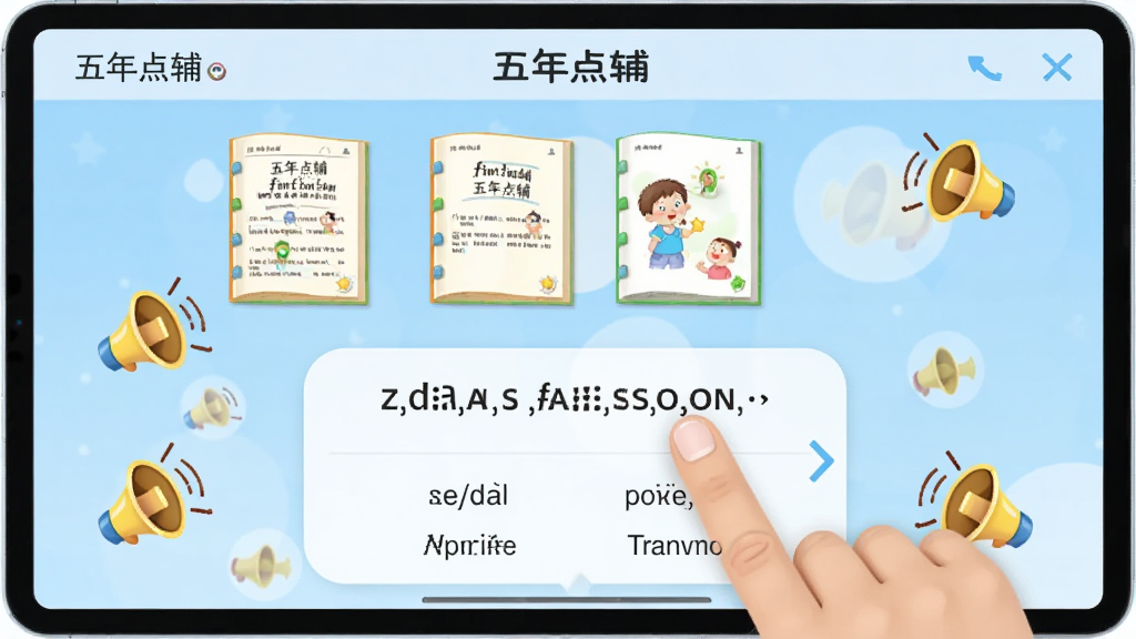 平板电脑屏幕上展示“五年点辅”的英语点读界面,页面有课本页面缩略图,手指正点击一个句子,下方弹出音标和翻译,周围有卡通小喇叭图标,背景为淡蓝色渐变,构图居中,扁平化风格,细节清晰,画质干净