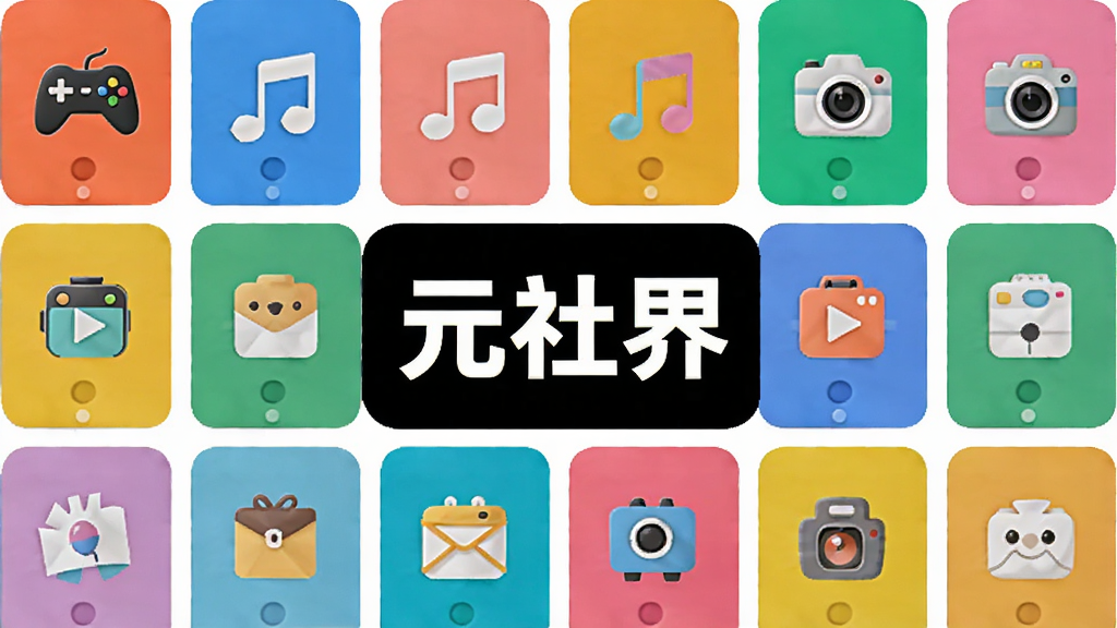 元社界多元主题社区展示,主体为多个彩色卡片式社区入口,排列成网格布局,风格活泼,每个卡片有不同主题图标,如游戏手柄、音符、相机等,画质清晰,干净无多余元素,图片中文字标注“元社界”
