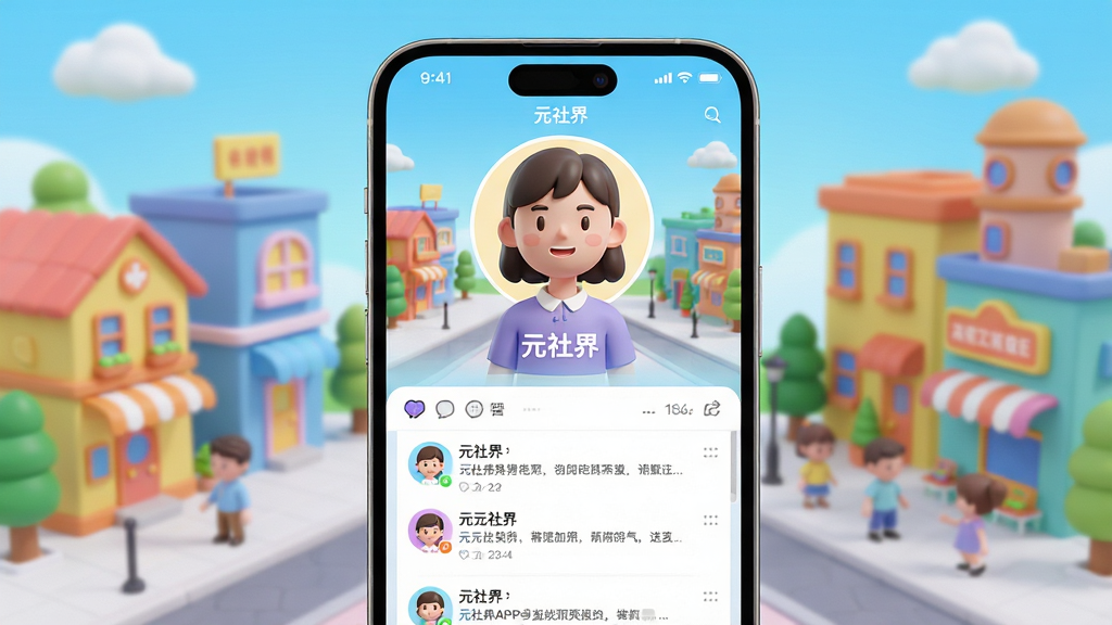 元社界APP主界面预览图,展示虚拟形象创建与社区广场场景,主体为手机屏幕内的3D卡通风格虚拟角色与多彩社区建筑,布局采用上下分层,上方为个人形象展示区,下方为动态信息流,排版清晰,色彩明亮活泼,风格清新现代,细节丰富,画质高清,干净无多余元素,图片中文字标注“元社界”
