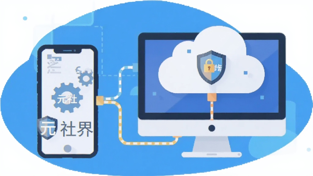 元社界使用指南插图,主体为手机与电脑连接云端的示意图,布局简洁,风格扁平化,细节有齿轮、盾牌图标,画质干净,图片中文字标注“元社界”