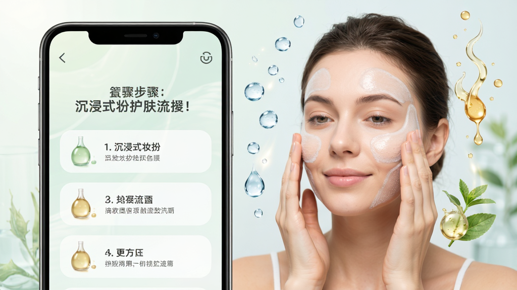 չʾ������ʽױ�硱�Ļ������̽��棬�������ֻ���Ļ��ʾһλŮ�����ڽ����沿��Ħ����Χ��ˮ�κ�ֲ�ﾫ������Ч����ʾ������������ɫ���µ��ţ����ֺ�����������͸ɾ����޶���Ԫ�ء�