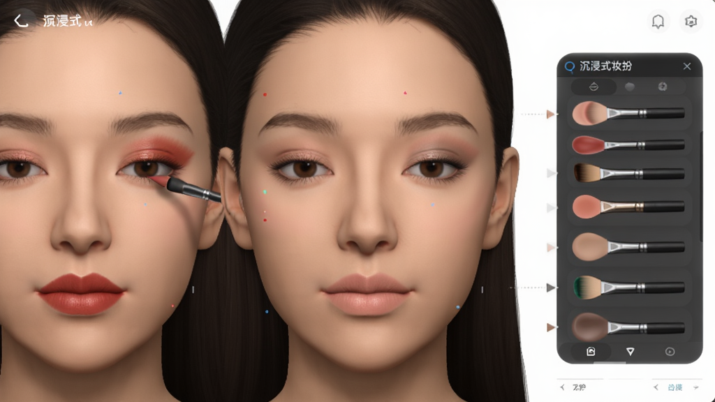 չʾ������ʽױ�硱3Dģ����ױ���ܣ�������һλŮ�Ե��沿����ȷ��ģ���Ҳ���ʾ���⻯ױ���ߣ����ʵʱԤ���ں����Ӱ����ױЧ����ɫ�ʹ�����Ȼ����Ӱϸ�ڷḻ�����沼������������ϸ��ɾ����޶���Ԫ�ء�
