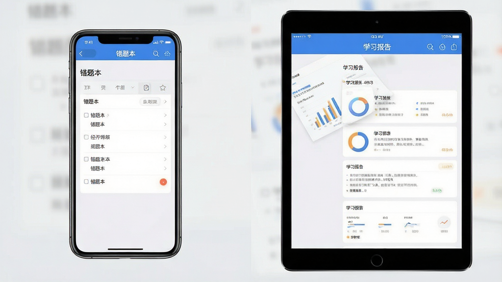 一张展示经济师真题库APP在手机和平板上运行的双屏对比图,手机显示“错题本”界面,平板显示“学习报告”界面,背景为浅灰色,设备居中,界面内容清晰,风格专业,画质干净,无多余元素。