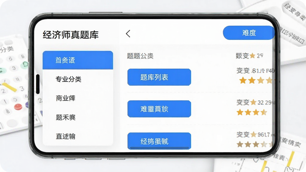 经济师真题库APP的“题库列表”页面预览图,左侧为专业分类目录,右侧显示题目数量与难度星级,界面以白色为底,蓝色高亮按钮,布局清晰,风格简洁,画质干净,无多余元素。