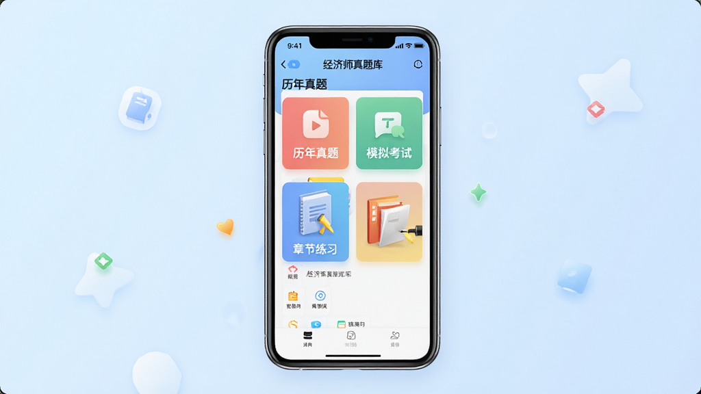 一张展示经济师真题库APP主界面的高清截图,界面包含“历年真题”、“模拟考试”、“章节练习”等彩色功能卡片,背景为淡蓝色渐变,手机居中摆放,屏幕内容清晰可辨,整体风格简洁现代,画质干净,无多余元素。