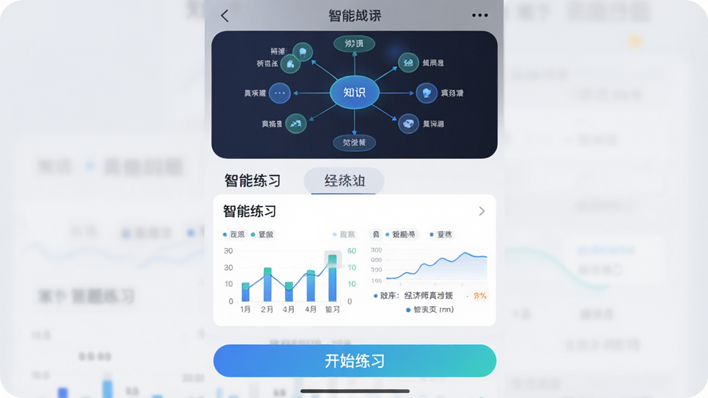 经济师真题库APP的“智能练习”界面截图,顶部为知识图谱,中部为答题卡,底部为“开始练习”按钮,背景为浅灰色,数据可视化图表清晰,整体风格科技感强,画质干净,无多余元素。