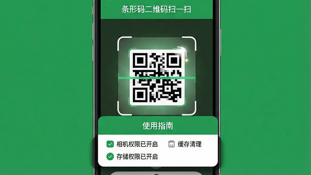 主体:一部手机显示条形码二维码扫一扫的扫描界面,界面下方弹出“使用指南”的提示框,包含“权限设置”“缓存清理”等选项。布局:手机屏幕中央有一个扫描框,扫描框内是一个清晰的二维码,周围有辅助线。排版:界面顶部显示“条形码二维码扫一扫”字样,底部提示框内有“相机权限已开启”、“存储权限已开启”的绿色对勾。风格:简约扁平化设计,绿色主色调。细节:提示框有圆角阴影,二维码部分有高光效果。画质:高清,干净,无多余元素。