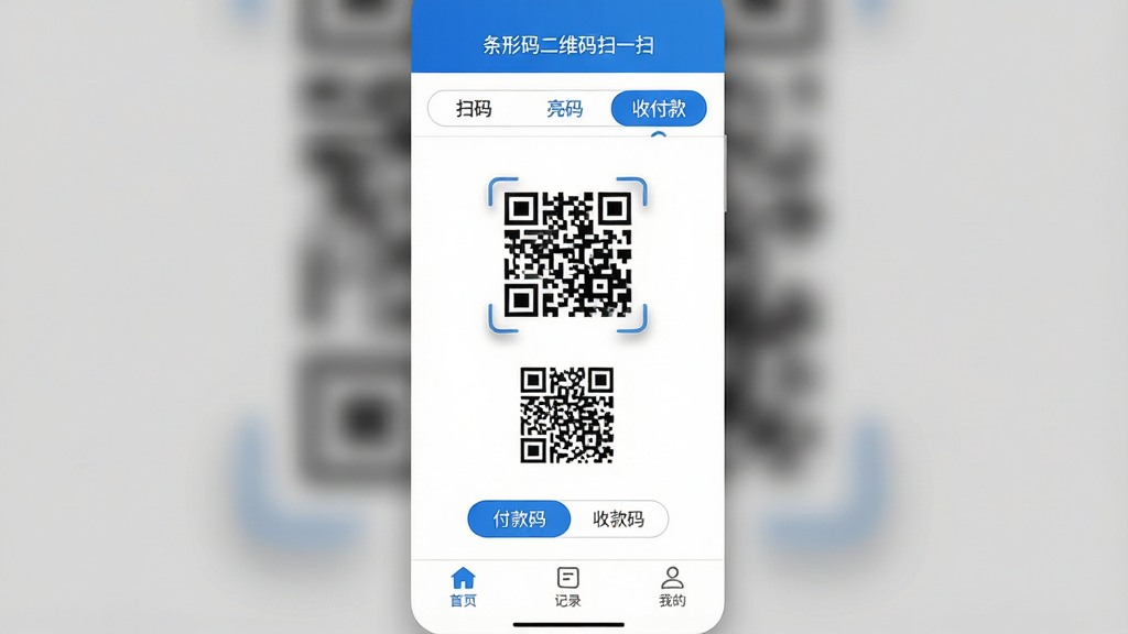 主体:条形码二维码扫一扫软件的多场景模式切换界面,屏幕上展示“扫码”、“亮码”、“收付款”三个选项卡,“亮码”选项卡被选中,下方显示一个付款二维码。布局:手机屏幕竖向展示,界面下方有“首页”、“记录”、“我的”三个导航栏。排版:界面简洁,“条形码二维码扫一扫”字样位于顶部,中部为二维码图案,底部有“付款码”和“收款码”切换按钮。风格:商务简洁,蓝白配色。细节:二维码图案清晰,周围有柔和阴影。画质:高清,干净,无多余元素。