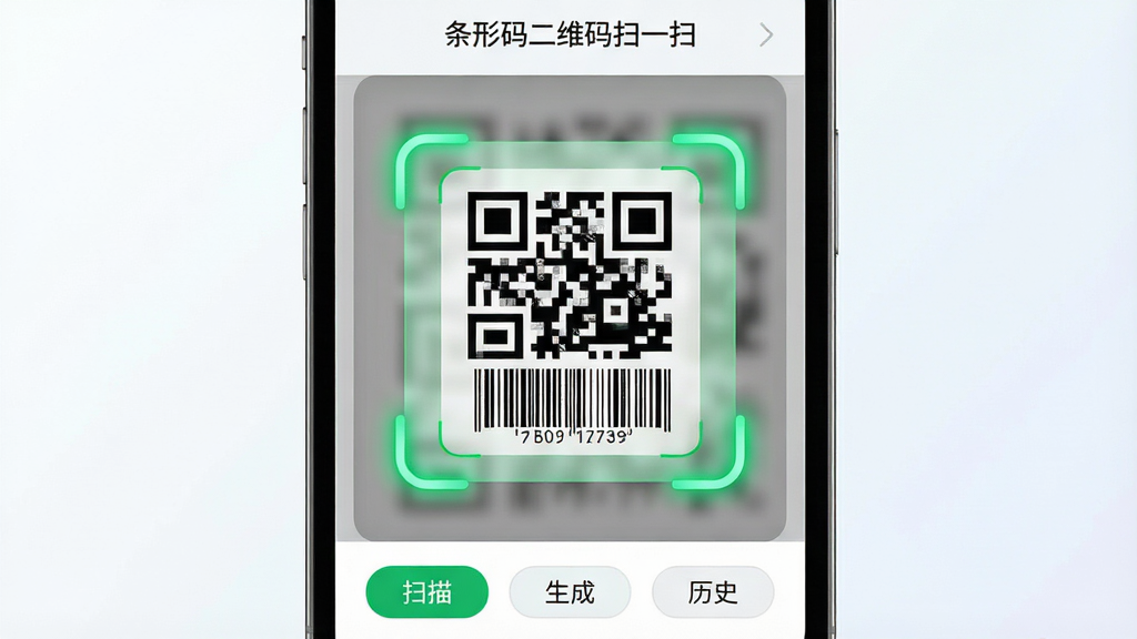 主体:手机屏幕展示条形码二维码扫一扫软件的扫描界面,界面上有一个绿色的扫描框,框内对准一个清晰的二维码和条形码。布局:手机居中,屏幕内容清晰可见,背景为简洁的浅色渐变。排版:手机屏幕中显示“条形码二维码扫一扫”字样,界面下方有“扫描”“生成”“历史”三个按钮。风格:现代科技感,界面干净明亮。细节:扫描框四角有发光效果,二维码和条形码细节清晰。画质:高清,干净,无多余元素。