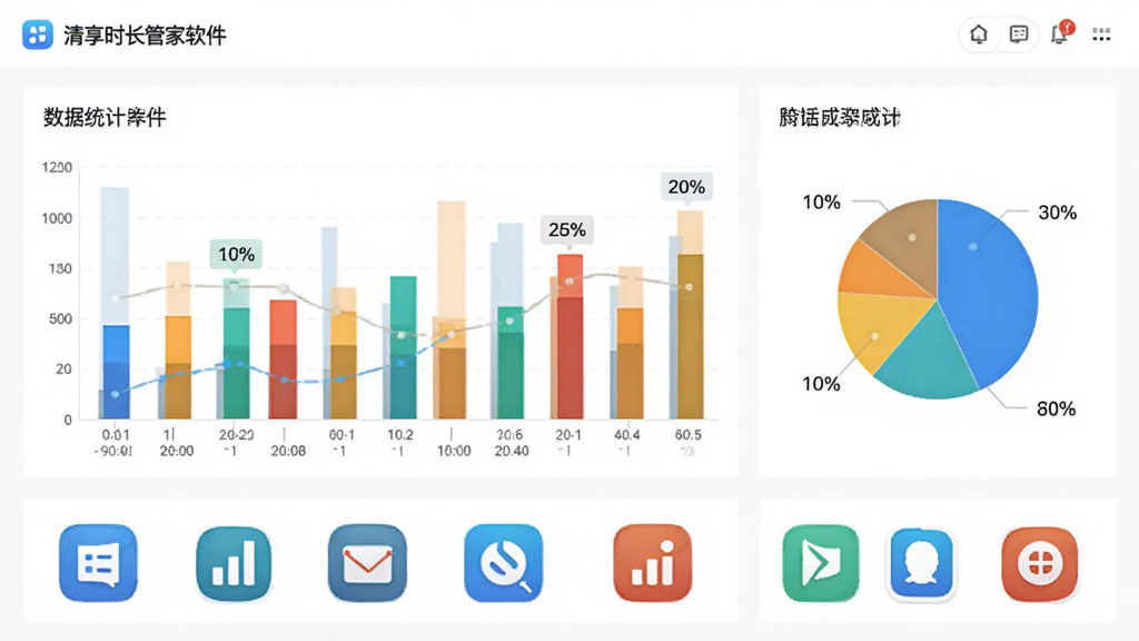 主体为清享时长管家软件的数据统计页面,页面中展示多个彩色柱状图与饼图,图表下方有应用图标列表,布局规整,排版清晰,风格商务简洁,细节包括时间轴与百分比标签,画质干净明亮,无多余元素