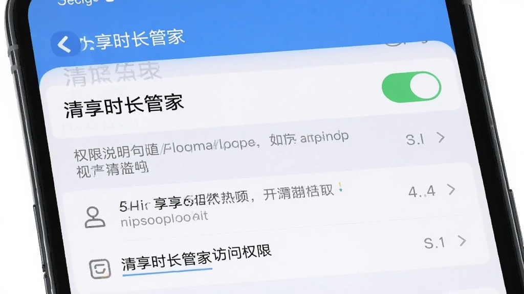 主体为一部手机正在设置中开启使用情况访问权限的界面,屏幕显示“清享时长管家”开关已打开,布局为设置列表样式,风格简洁,细节包括权限说明文字,画质干净,无多余元素