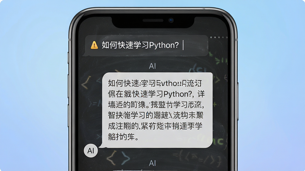 一张展示小黑板AI智能问答功能的界面截图,主体是手机屏幕特写,屏幕中显示用户输入“如何快速学习Python?”后,AI以对话气泡形式给出详细学习路径。布局为手机居中,屏幕内容清晰可辨,背景为柔和的渐变蓝色,风格为写实UI截图风,细节突出AI回答的文字排版,画质高清,干净无多余元素。