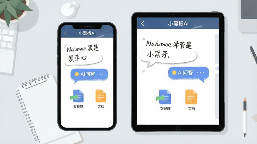 一幅展示小黑板AI应用核心功能的场景图,主体是智能手机和平板电脑并排摆放,屏幕中显示小黑板AI的简洁主界面,界面内有手写笔记、AI问答气泡和文档整理图标。布局采用平视角度,左右对称,背景为干净的浅灰色办公桌面,风格为现代扁平化插画,细节包括屏幕上的文字标签“小黑板AI”清晰可见,画质高清,干净无多余元素。