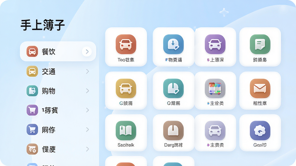 画面主体为“手上簿子”应用的分类管理页面,左侧是主分类列表如餐饮、交通、购物等,右侧是对应的子分类图标,页面采用卡片式布局,每个分类卡片有不同颜色的图标,背景为浅蓝色渐变,整体风格清爽,UI设计圆润,画质高清,干净无多余元素