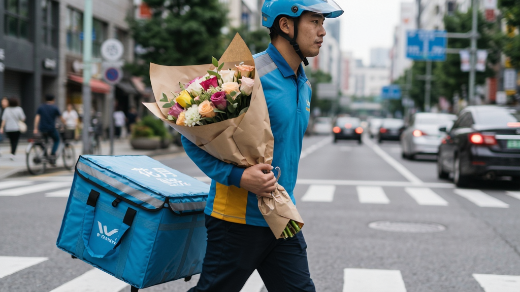 花月鲜花配送员手持花束在街头快步行走,背景为城市街道,主体为配送员与花束,布局为动态抓拍,排版自然,风格写实,细节体现鲜花包装与配送箱,画质清晰,干净无多余元素
