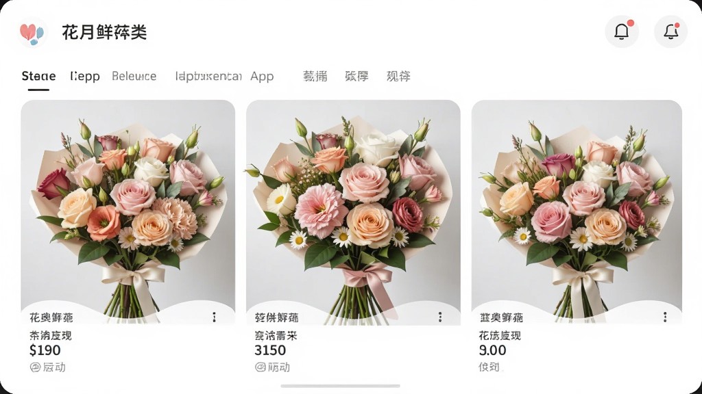 花月鲜花APP主界面,展示精美花束与分类导航,干净简约的移动端UI设计,主体为鲜花展示区,布局清晰,排版舒适,现代扁平化风格,细节丰富,画质高清,干净无多余元素