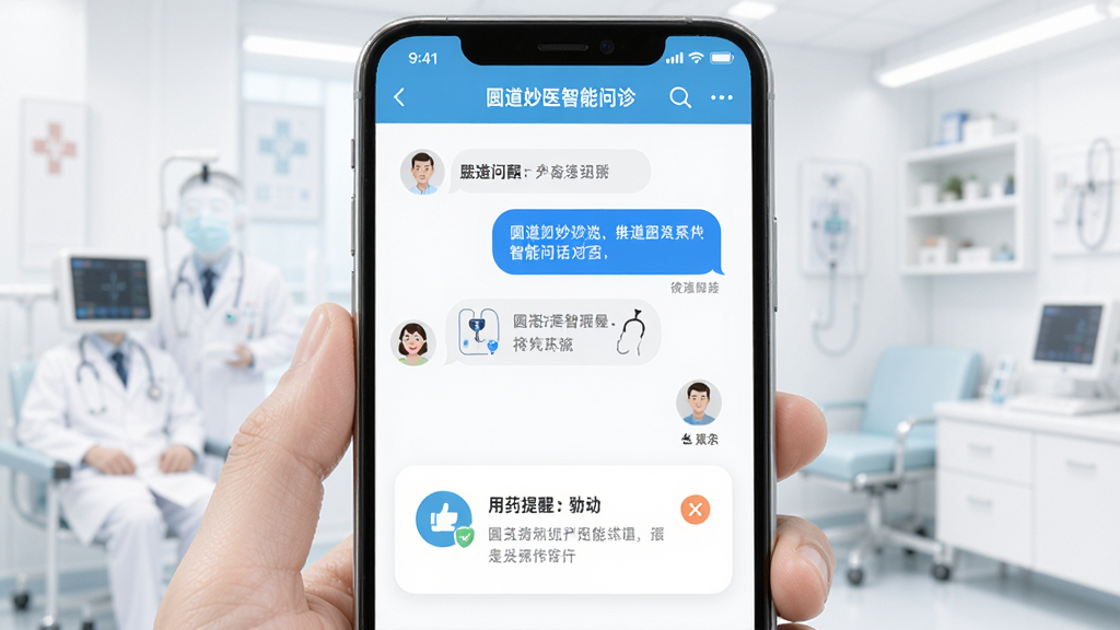 圆道妙医智能问诊对话界面,手机屏幕显示AI医生与用户对话气泡,下方有用药提醒卡片,背景为白色医疗风格,界面友好,画质干净,无多余元素