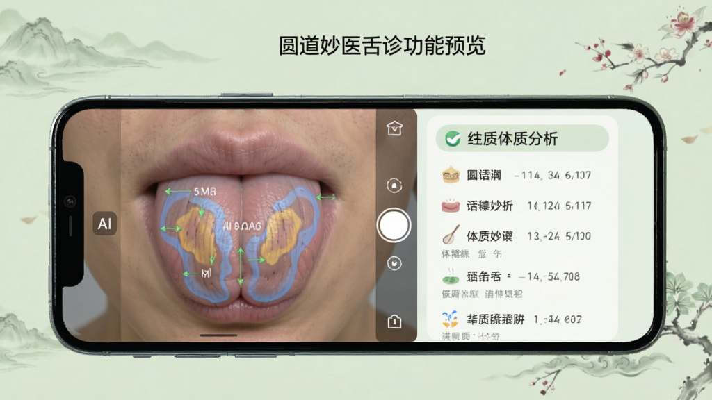 圆道妙医舌诊功能预览,手机屏幕显示舌象拍摄界面,AI标注舌苔区域,右侧生成体质分析报告,背景为浅绿色中医风格,界面干净,画质清晰,无多余元素