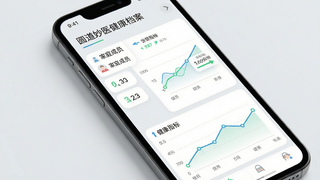 圆道妙医健康档案页面,手机屏幕显示家庭成员列表和各项健康指标趋势图,背景为浅灰简约风格,数据可视化清晰,画质高清,无多余元素