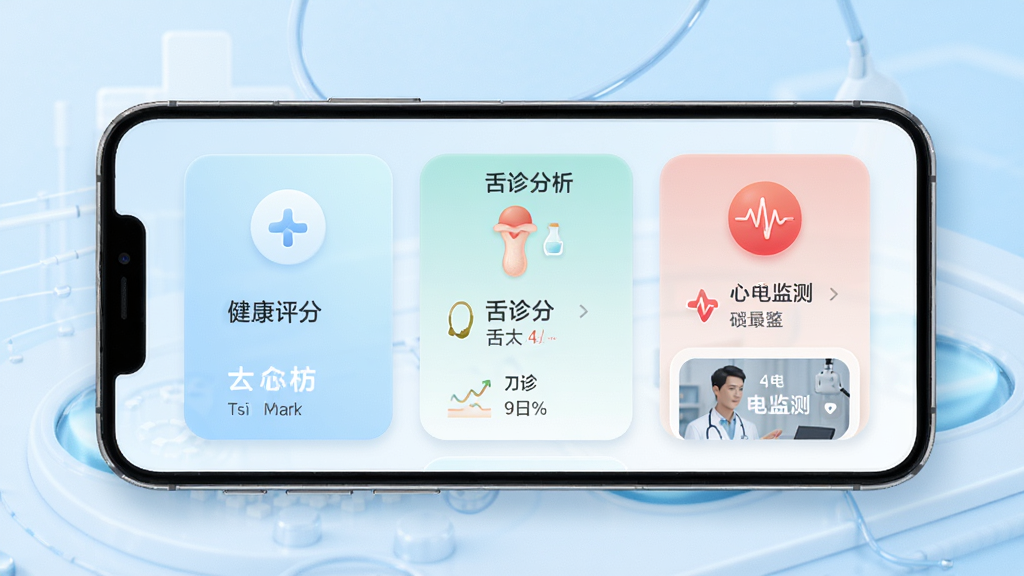 圆道妙医应用主界面展示,手机屏幕显示健康评分、舌诊分析、心电监测等功能模块,背景为淡蓝色医疗科技风格,界面简洁清晰,图标圆润,整体布局以卡片式为主,色彩柔和,画质高清,干净无多余元素