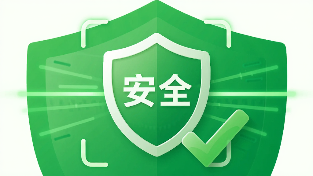 主体:七色追新助手安全防护盾牌图标,背景为绿色盾牌与对勾。布局:图标居中,周围有扫描线条。风格:简约安全风,绿色为主色调。细节:盾牌上写有“安全”字样,整体干净明亮,画质高。