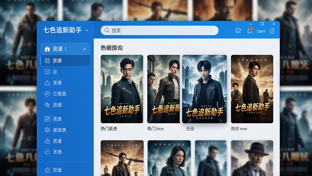 主体:七色追新助手软件界面展示,前景为软件主窗口,背景为模糊的影视海报墙,整体布局简洁现代,左侧为资源分类列表,右侧为内容展示区,顶部为搜索栏。风格:科技感与清爽感结合,蓝色主色调,界面元素清晰明亮。细节:界面中显示“七色追新助手”字样及热门影视封面,画质高清,干净无多余元素。