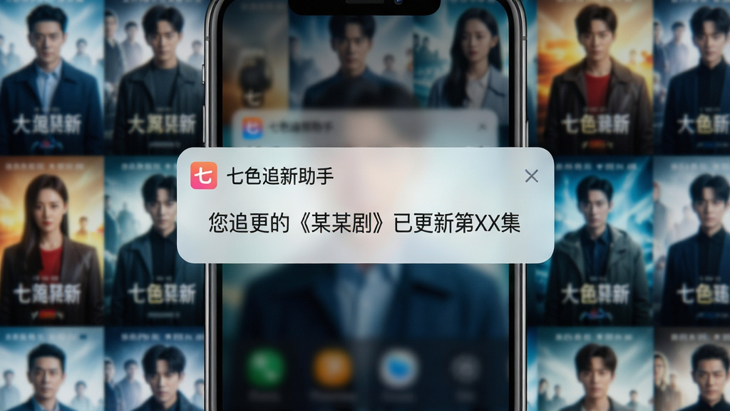 主体:七色追新助手更新提醒功能展示,手机或电脑屏幕上显示一条推送通知,内容为“您追更的《某某剧》已更新第XX集”。布局:屏幕居中,通知弹窗醒目,背景为剧集海报墙。风格:写实与科技感结合,色彩明亮。细节:通知栏显示“七色追新助手”字样,画质清晰,无多余元素。