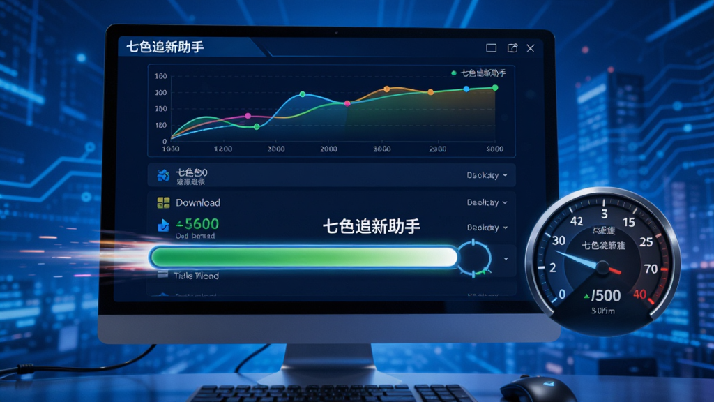 主体:七色追新助手高速下载功能示意,电脑界面显示下载进度条飞速前进,旁边有速度仪表盘。布局:界面中央为下载任务列表,顶部为速度曲线图。风格:科技蓝背景,动态效果感。细节:显示“七色追新助手”字样及下载速度数值,画质清晰。