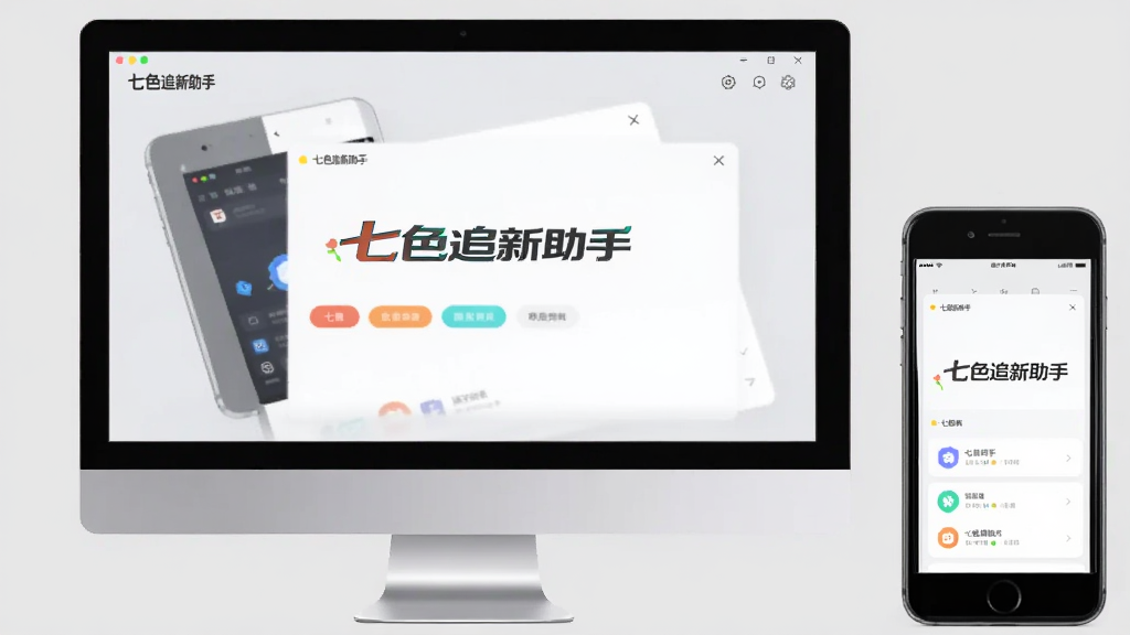 主体:七色追新助手在手机和电脑上同时运行的场景,屏幕显示软件主界面。布局:左电脑右手机,背景为纯色。风格:简洁商务风,浅灰色背景。细节:屏幕中清晰显示“七色追新助手”字样,画质清晰,无多余元素。
