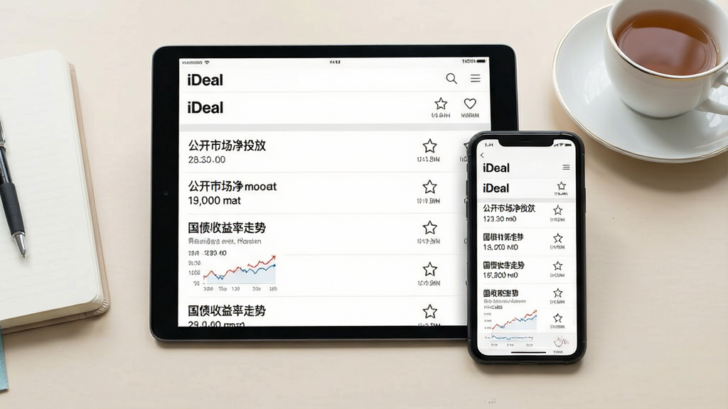 画面主体为平板电脑与手机并排,屏幕中显示“iDeal”资讯列表页,标题文字清晰可读,包含“公开市场净投放”与“国债收益率走势”等字样,背景为浅色办公桌,桌上有笔记本与茶杯,布局左右对称,排版整洁,风格商务简约,细节包括列表右侧的时间标签与收藏图标,画质高清干净